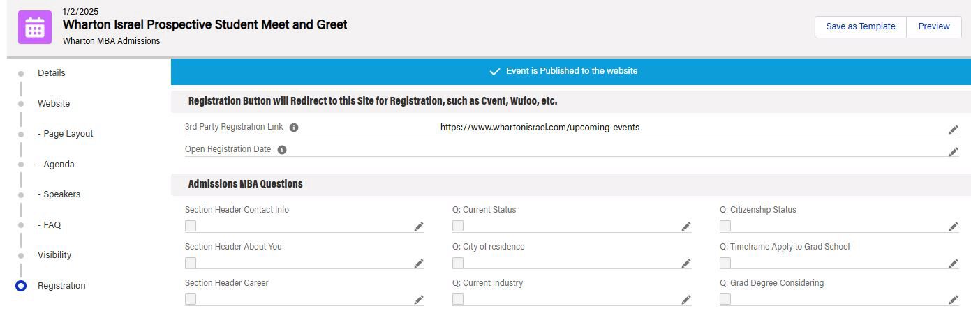 Screenshot of an event registration setup page for the "Wharton Israel Prospective Student Meet and Greet." It includes details, website, and registration sections with options for contact info and MBA admission questions.