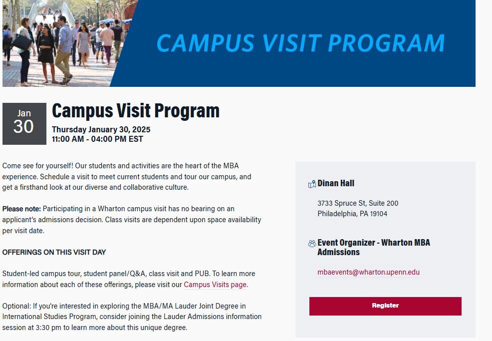 The image is an informational flyer for a campus visit program at Wharton on January 30, 2025. It includes event details, a schedule from 11:00 AM to 4:00 PM EST, the location at Dinan Hall