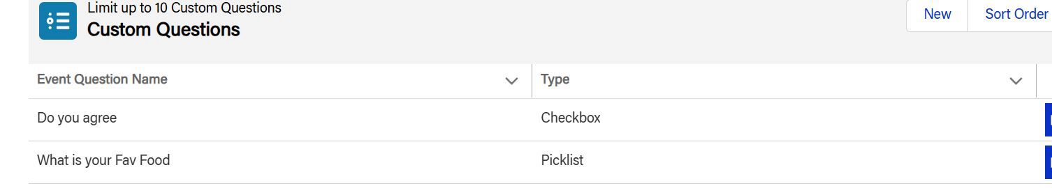 Screenshot of a table for custom event questions, showing two questions: "Do you agree" with a checkbox type and "What is your Fav Food" with a picklist type.
