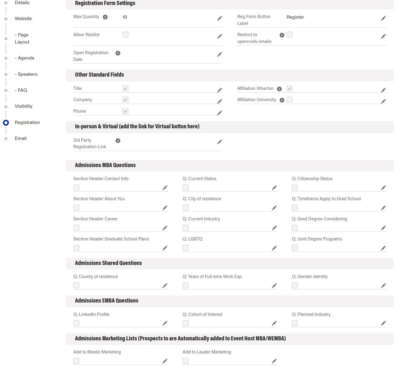 A registration form setup interface for an event, with options for form settings, participant details, and admissions questions related to MBA, EMBA, and marketing lists.